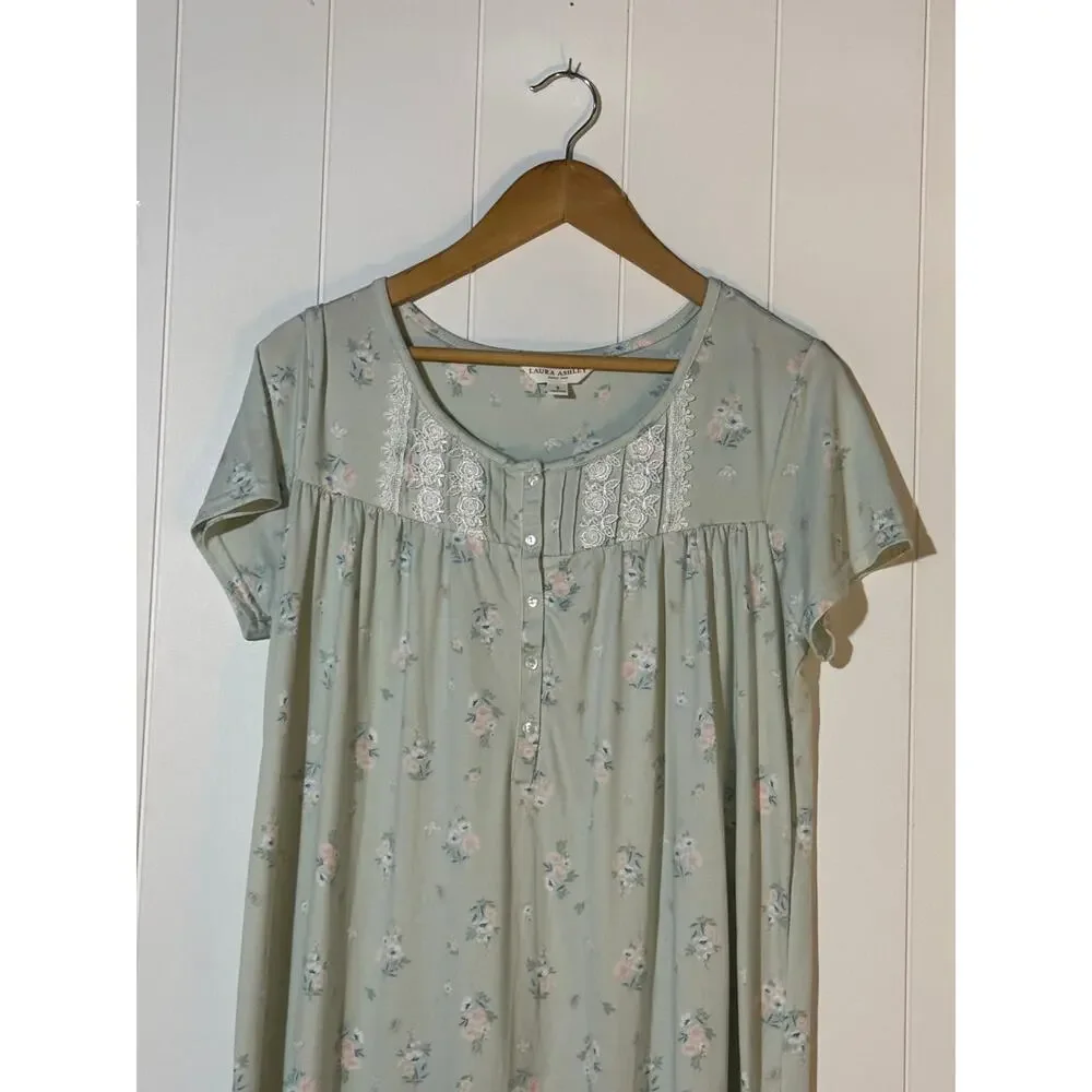 Laura Ashley Nightgown Floral Cotton Sleep Dress Short Sleeve Size Small